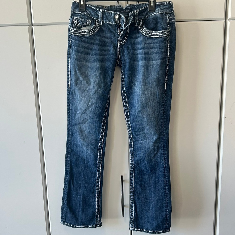 Vigoss Bootcut Jeans Dark Wash Thick Stitch Crystal Embellished Denim Womens